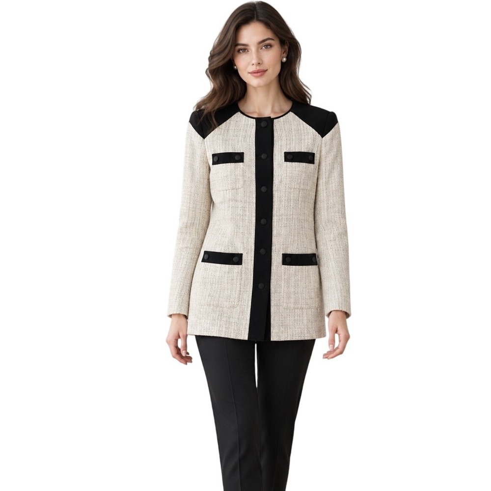Vtg Y2K NWT BCBG Paris Long Tweed Jacket Black Trim Classic Old Money Size 4